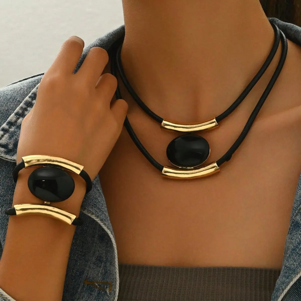 14K Gold Plated Golden Elegance  Black And Gold Statement Jewelry Set Mohamed jewelry My Store