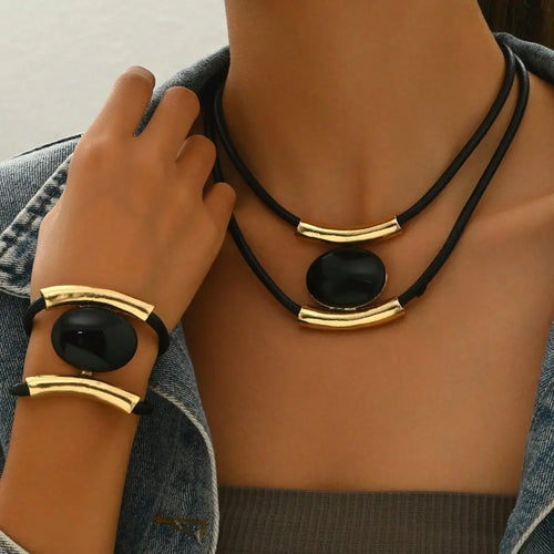 14K Gold Plated Golden Elegance  Black And Gold Statement Jewelry Set Mohamed jewelry My Store