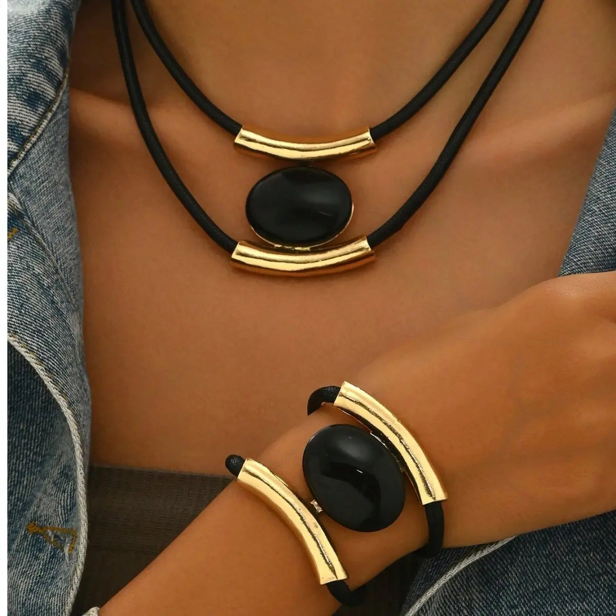 14K Gold Plated Golden Elegance  Black And Gold Statement Jewelry Set Mohamed jewelry My Store