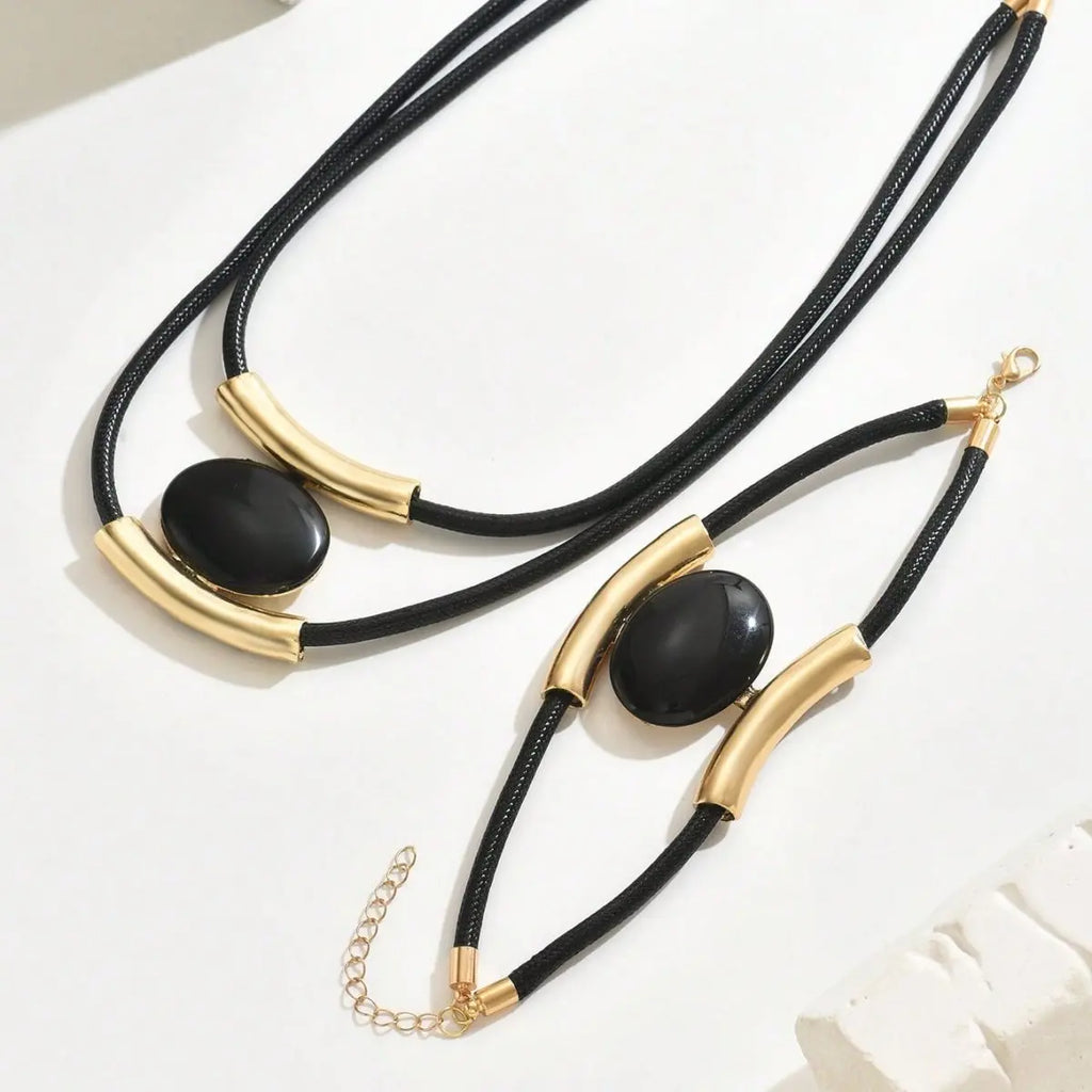 14K Gold Plated Golden Elegance  Black And Gold Statement Jewelry Set Mohamed jewelry My Store