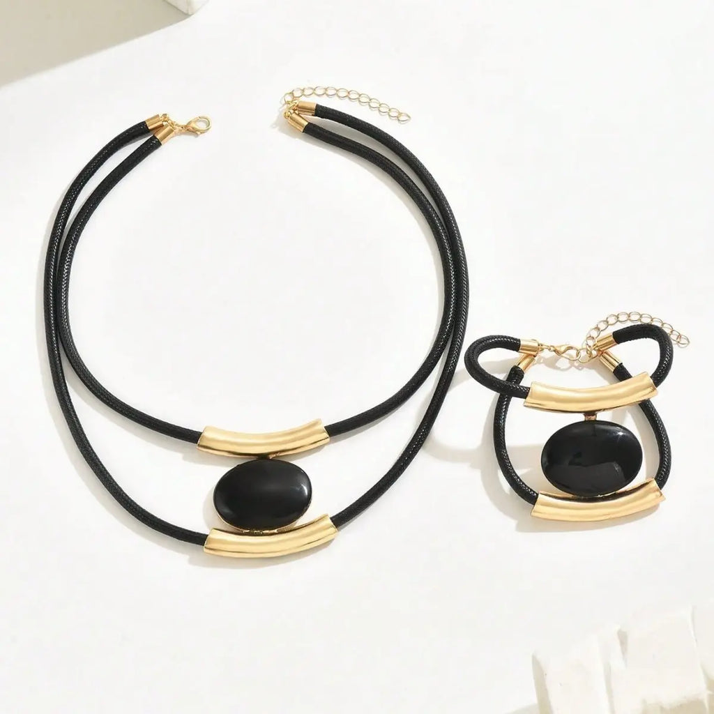 14K Gold Plated Golden Elegance  Black And Gold Statement Jewelry Set Mohamed jewelry My Store