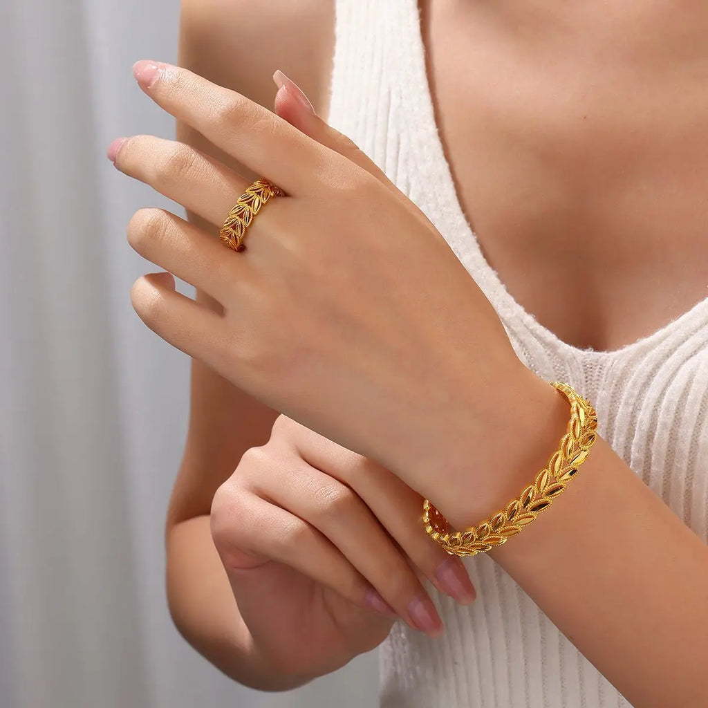 2Pcs Fashion 18k Gold Plated Wheat Ear Leaves Opening Bracelet Ring Set Suitable For Women's Daily Wear Mohamed jewelry My Store