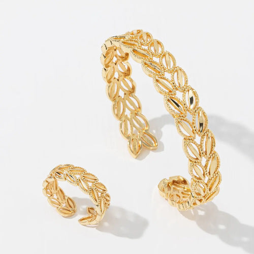 2Pcs Fashion 18k Gold Plated Wheat Ear Leaves Opening Bracelet Ring Set Suitable For Women's Daily Wear Mohamed jewelry My Store