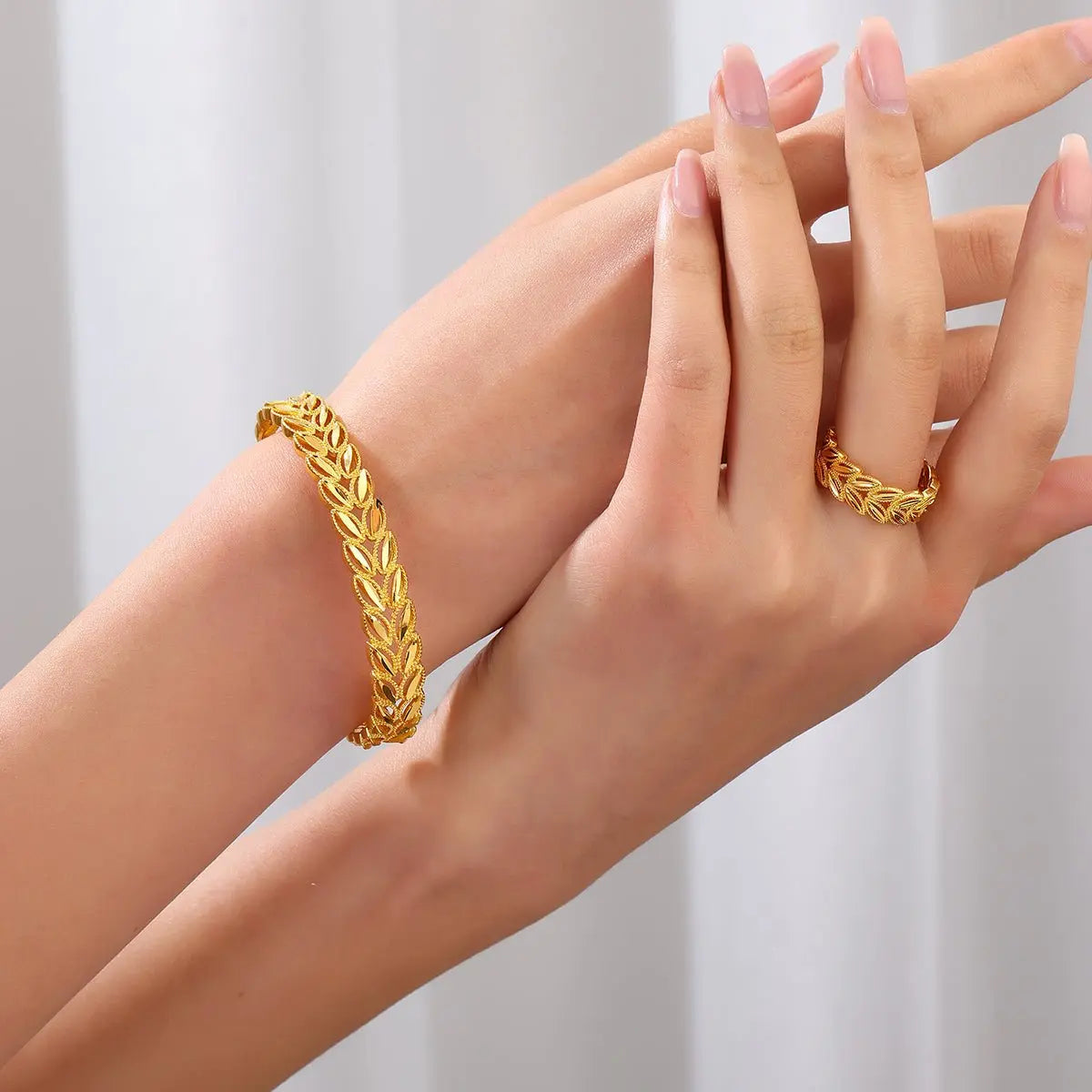 2Pcs Fashion 18k Gold Plated Wheat Ear Leaves Opening Bracelet Ring Set Suitable For Women's Daily Wear Mohamed jewelry My Store