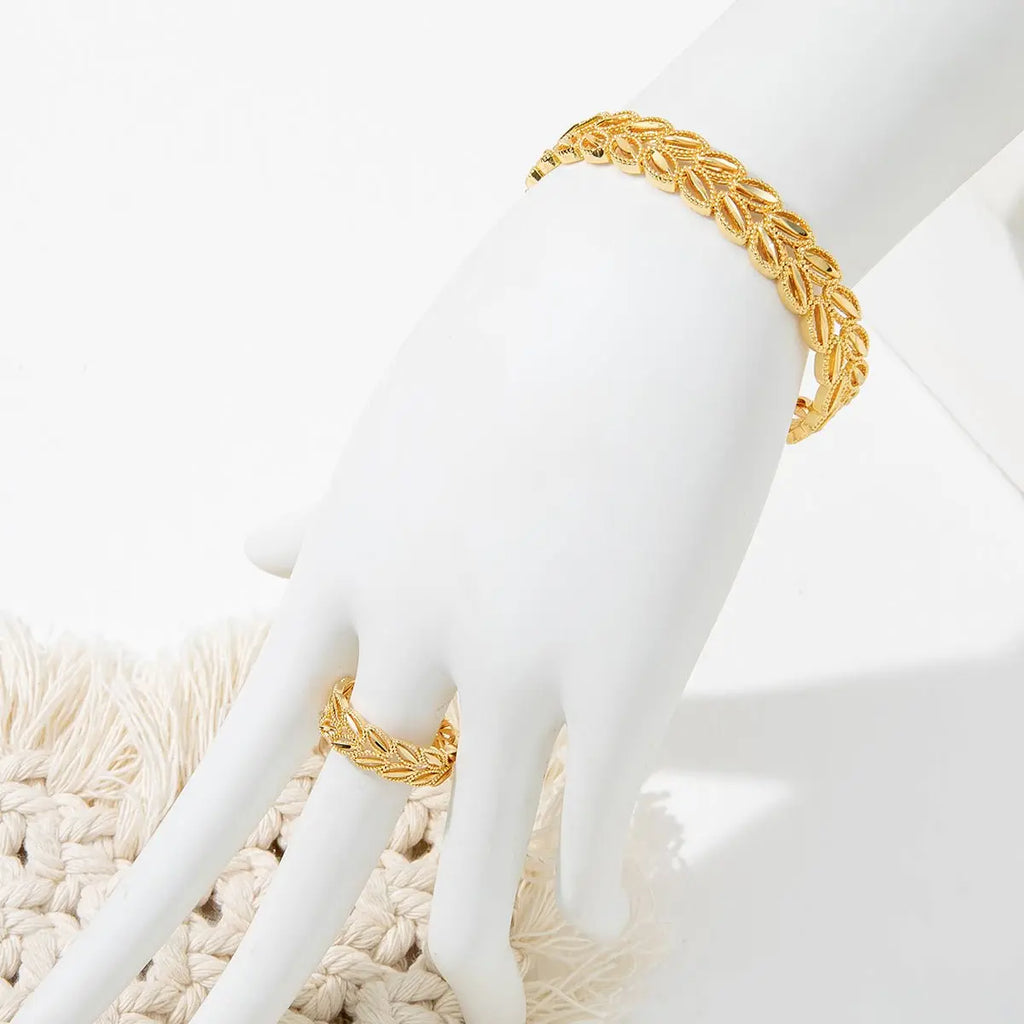 2Pcs Fashion 18k Gold Plated Wheat Ear Leaves Opening Bracelet Ring Set Suitable For Women's Daily Wear Mohamed jewelry My Store