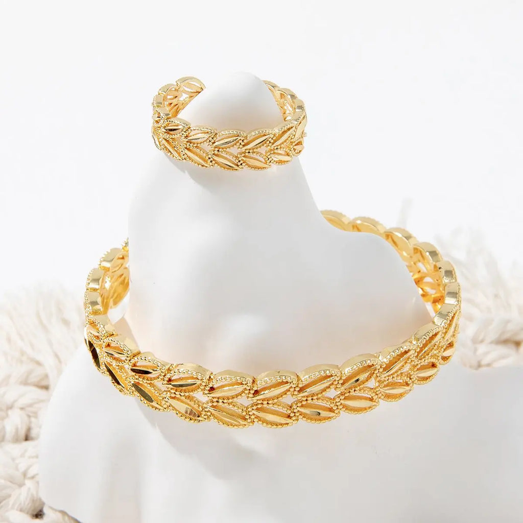 2Pcs Fashion 18k Gold Plated Wheat Ear Leaves Opening Bracelet Ring Set Suitable For Women's Daily Wear Mohamed jewelry My Store