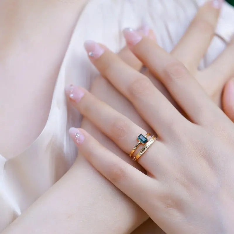 Gold-plated Silver Green Moss Adjustable Ring For Women Mohamed jewelry My Store