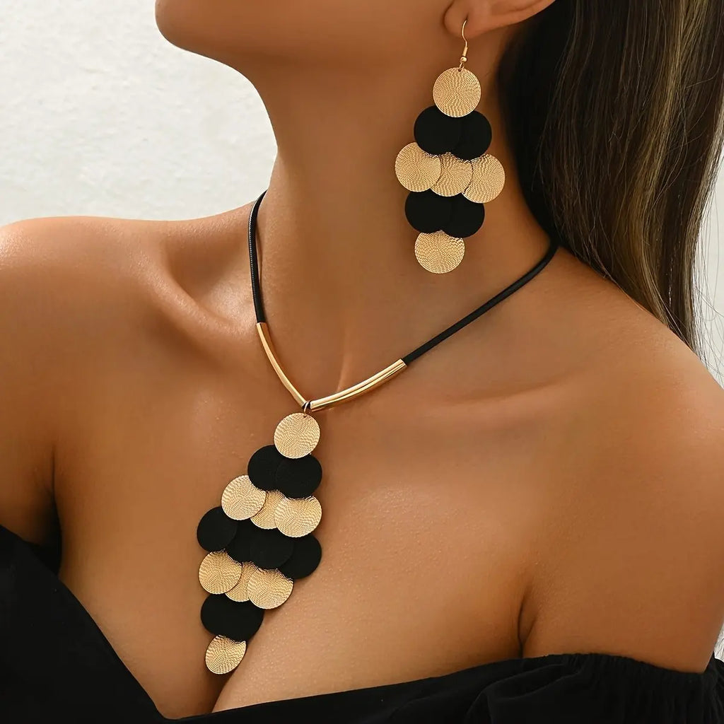 Lxalry 14K Gold   Black Gothic Jewelry Set Handmade Iron   Leather Necklace   Earrings Duo  Bold Oversized Pendant Mohamed jewelry My Store