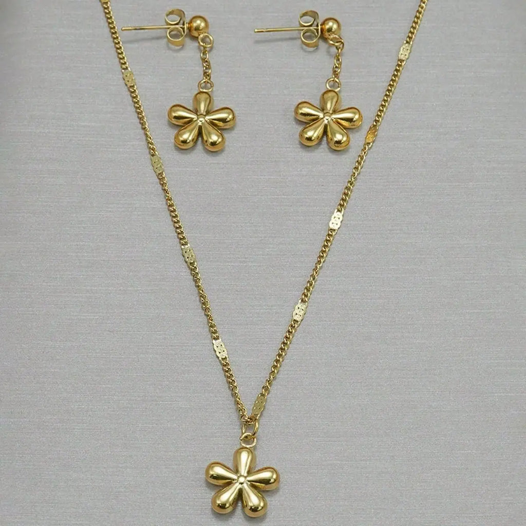 Lxalry 18K Gold Plated Stainless Steel Dainty Flower Pendant Necklace And Earrings Set For Women Mohamed jewelry My Store
