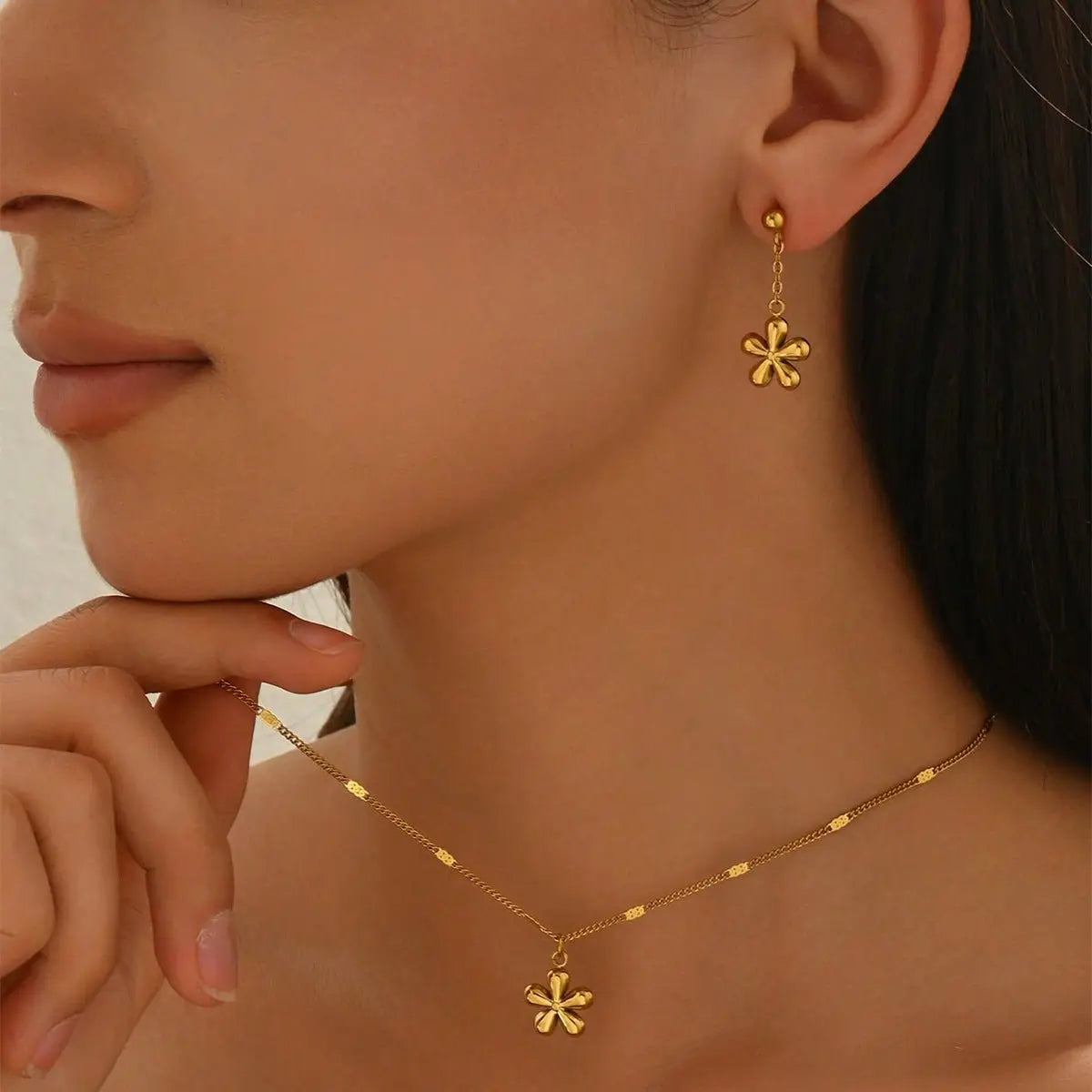 Lxalry 18K Gold Plated Stainless Steel Dainty Flower Pendant Necklace And Earrings Set For Women Mohamed jewelry My Store