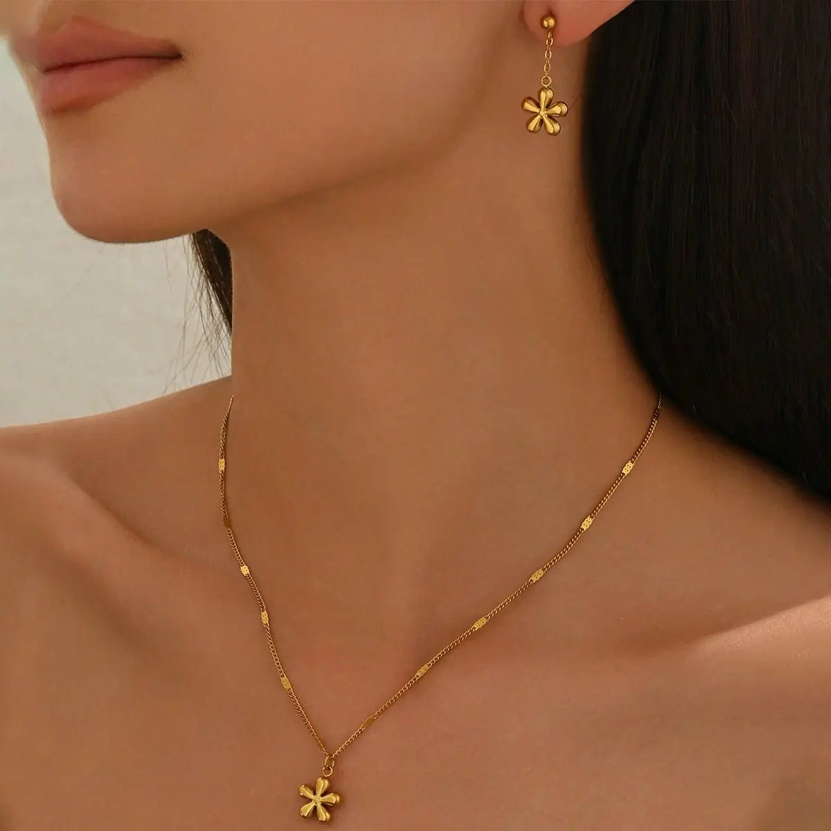 Lxalry 18K Gold Plated Stainless Steel Dainty Flower Pendant Necklace And Earrings Set For Women Mohamed jewelry My Store