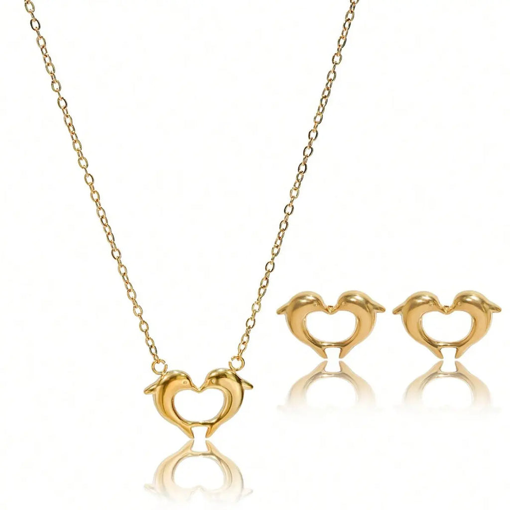 Lxalry 18K Gold Plated Stainless Steel Dolphin Heart Necklace & Earrings Set - Elegant Gift Jewelry Mohamed jewelry My Store