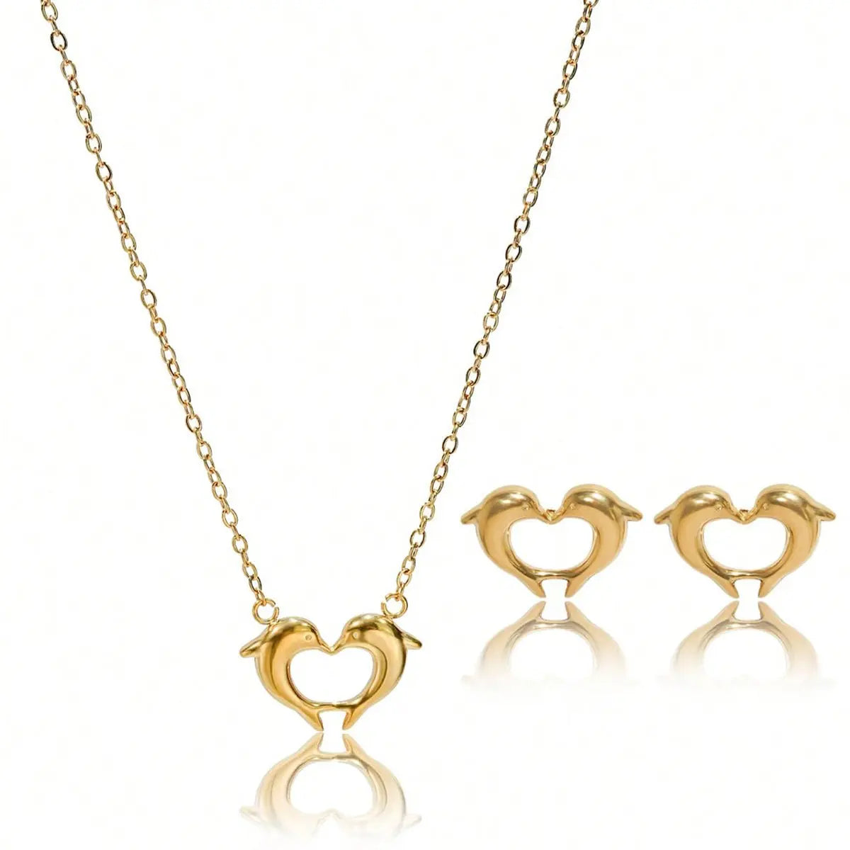 Lxalry 18K Gold Plated Stainless Steel Dolphin Heart Necklace & Earrings Set - Elegant Gift Jewelry Mohamed jewelry My Store