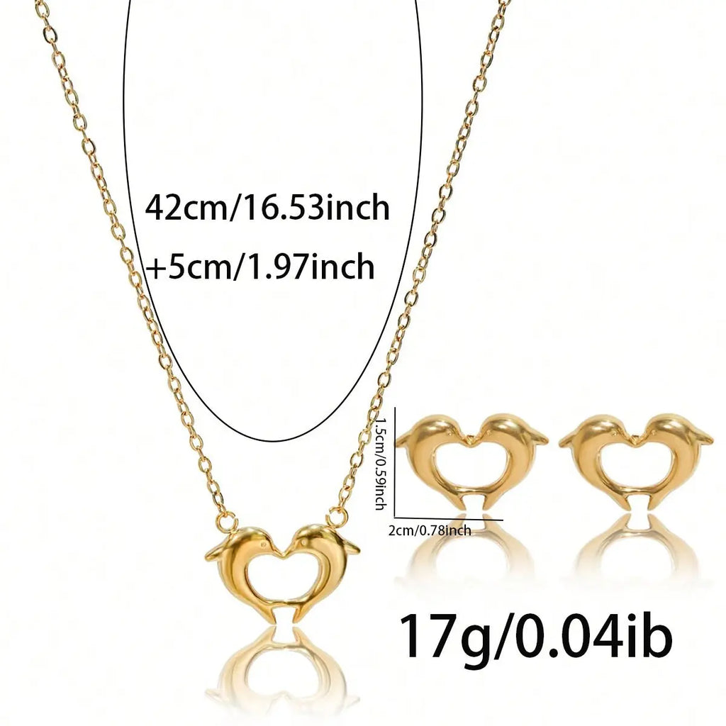 Lxalry 18K Gold Plated Stainless Steel Dolphin Heart Necklace & Earrings Set - Elegant Gift Jewelry Mohamed jewelry My Store