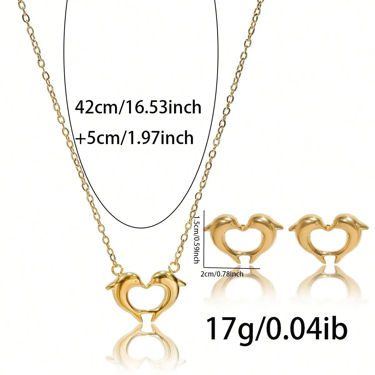 Lxalry 18K Gold Plated Stainless Steel Dolphin Heart Necklace & Earrings Set - Elegant Gift Jewelry Mohamed jewelry My Store
