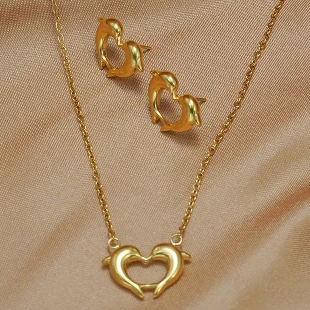 Lxalry 18K Gold Plated Stainless Steel Dolphin Heart Necklace & Earrings Set - Elegant Gift Jewelry Mohamed jewelry My Store