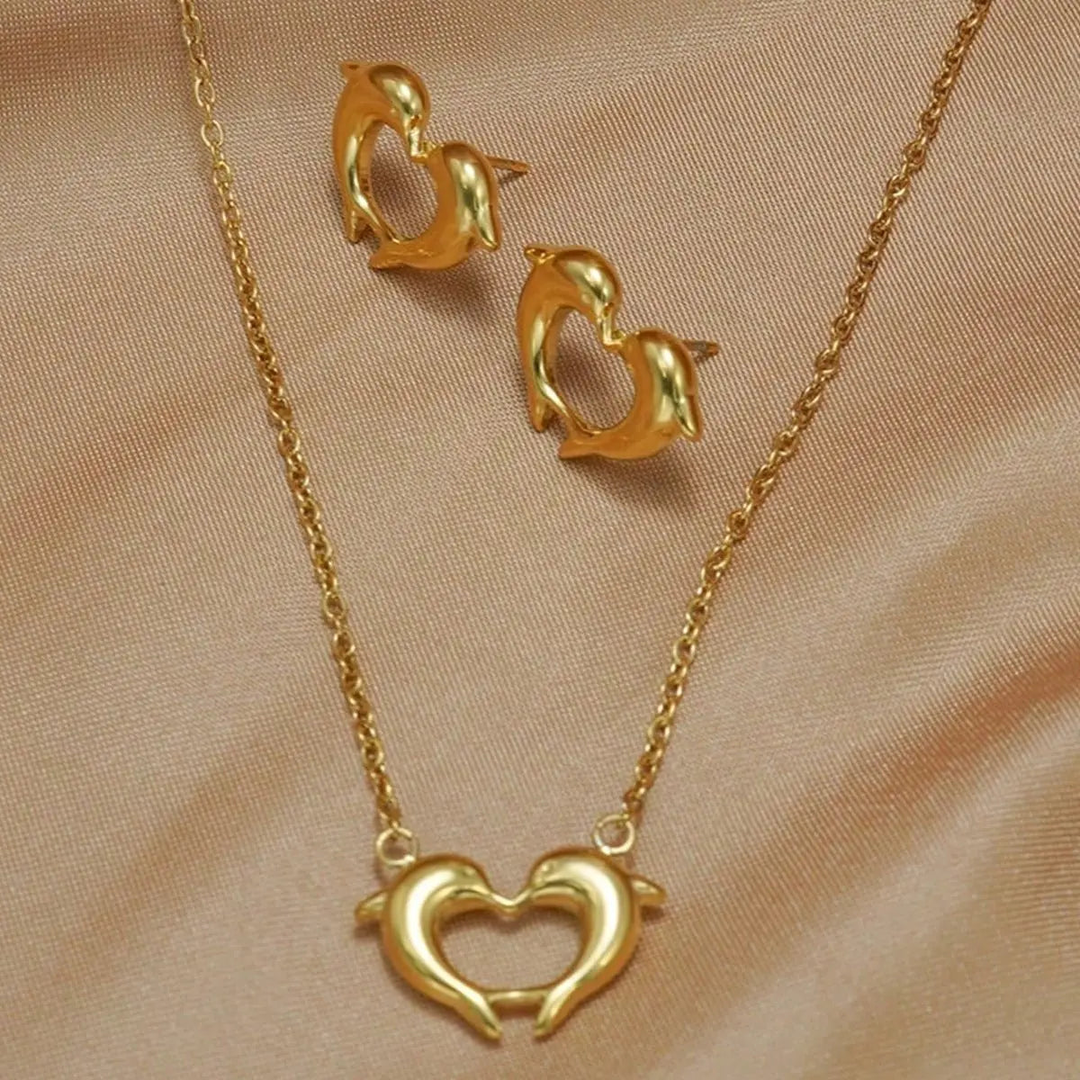 Lxalry 18K Gold Plated Stainless Steel Dolphin Heart Necklace & Earrings Set - Elegant Gift Jewelry Mohamed jewelry My Store