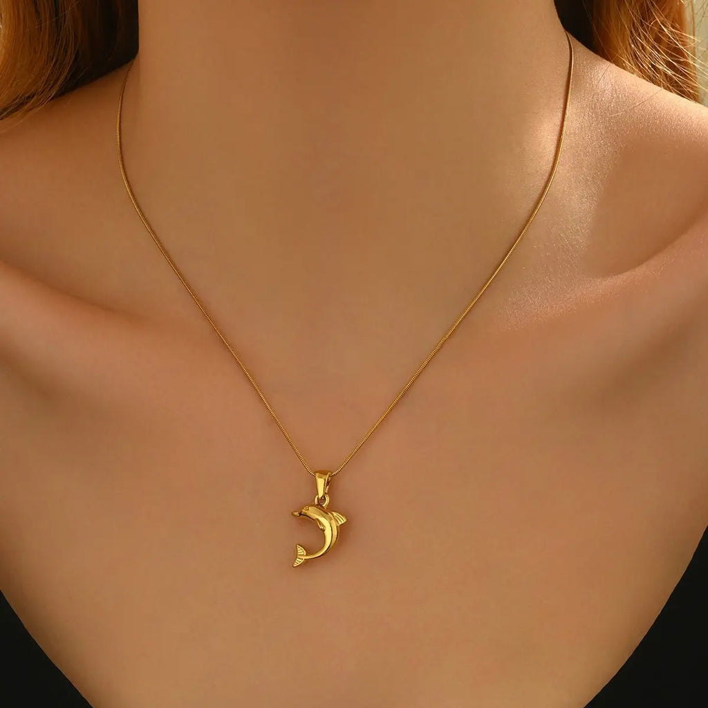 Lxalry 18K Gold Plated Stainless Steel Dolphin Heart Necklace & Earrings Set - Elegant Gift Jewelry Mohamed jewelry My Store