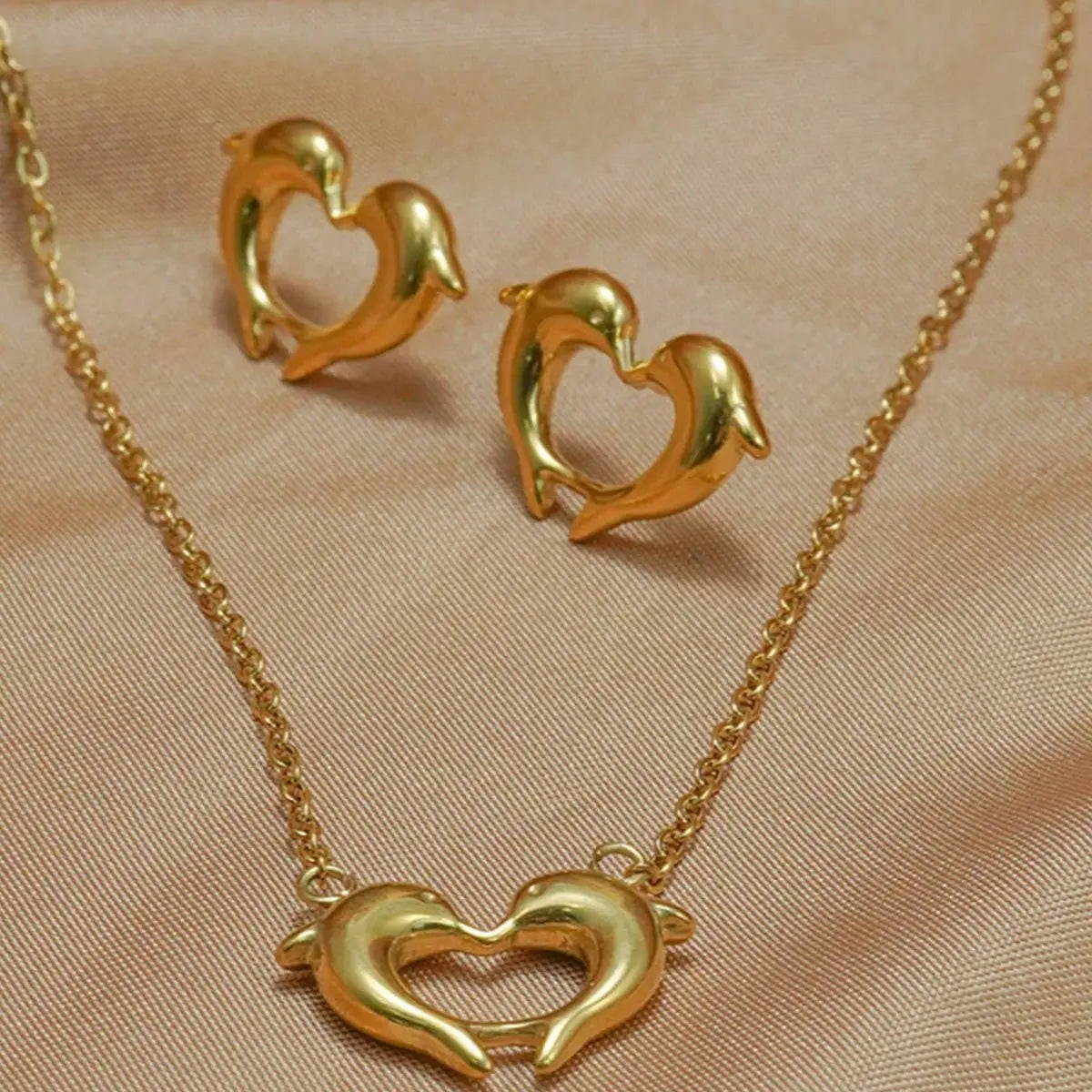 Lxalry 18K Gold Plated Stainless Steel Dolphin Heart Necklace & Earrings Set - Elegant Gift Jewelry Mohamed jewelry My Store