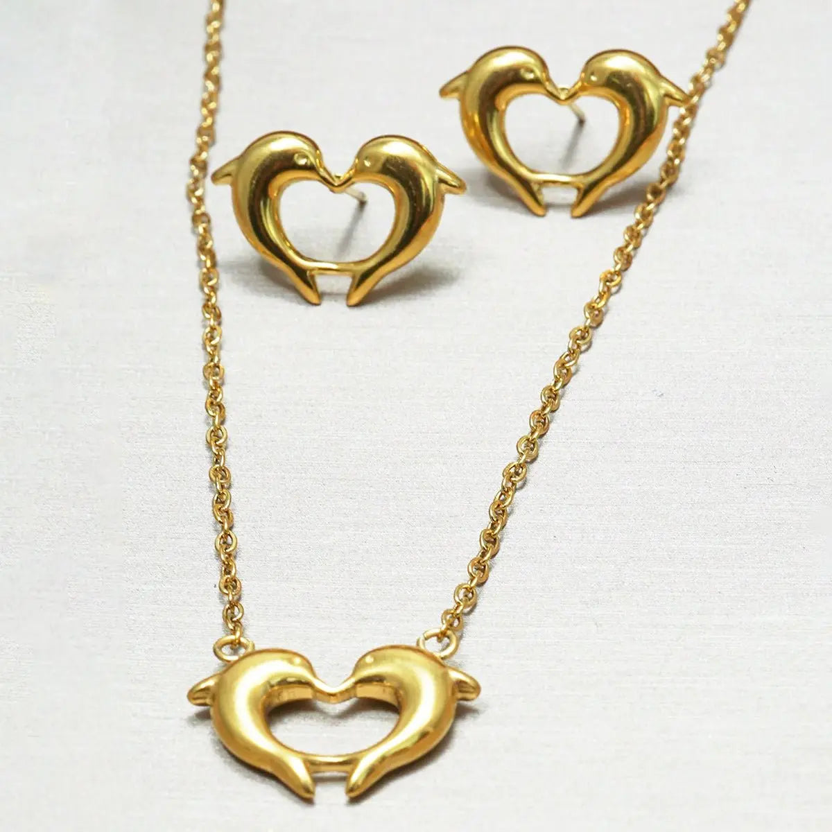 Lxalry 18K Gold Plated Stainless Steel Dolphin Heart Necklace & Earrings Set - Elegant Gift Jewelry Mohamed jewelry My Store