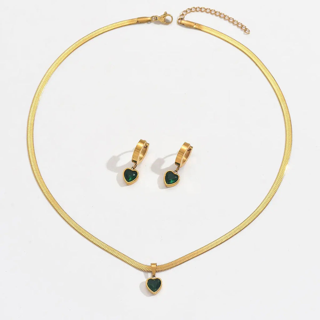 Lxalry 18K Gold Plated Stainless Steel Green Heart Jewelry Set For Women Mohamed jewelry My Store