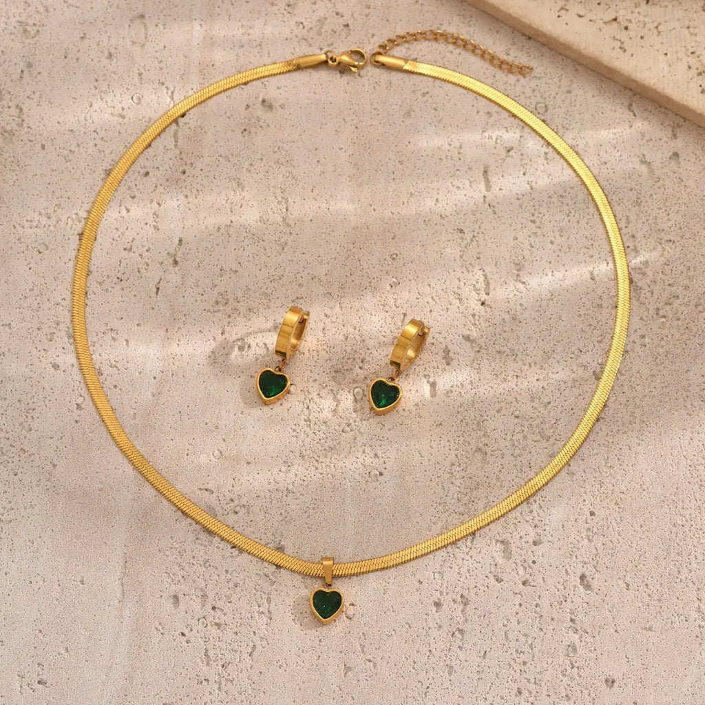 Lxalry 18K Gold Plated Stainless Steel Green Heart Jewelry Set For Women Mohamed jewelry My Store