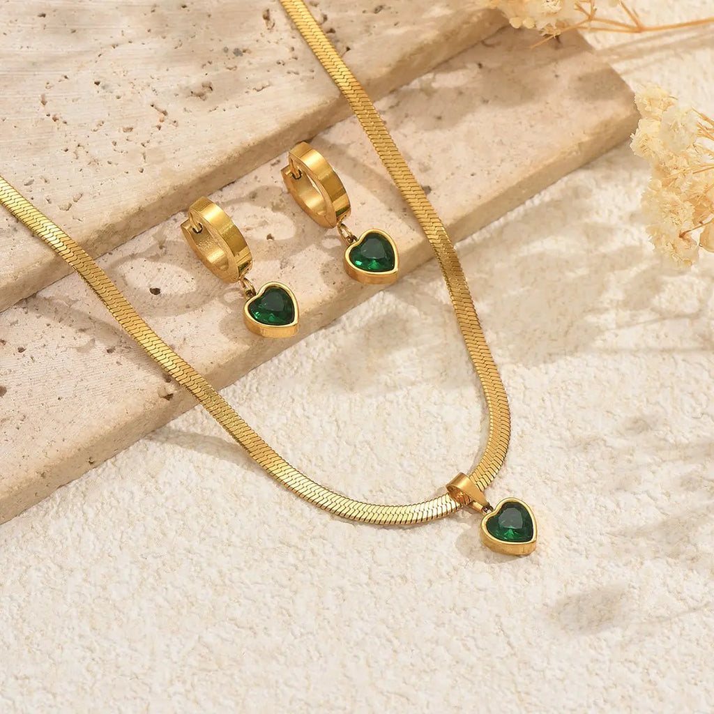 Lxalry 18K Gold Plated Stainless Steel Green Heart Jewelry Set For Women Mohamed jewelry My Store