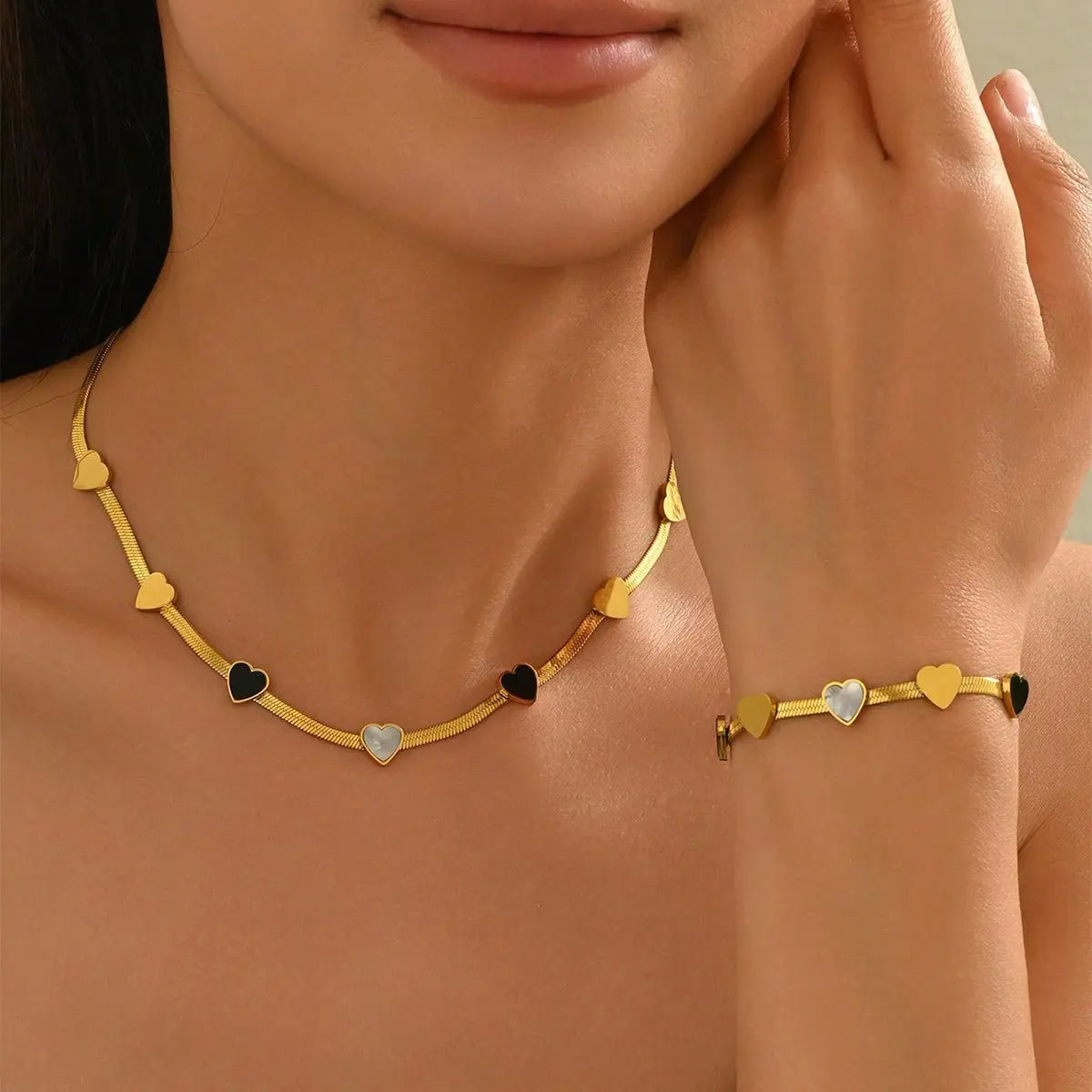 Lxalry 18K Gold Plated Stainless Steel Heart Necklace & Bracelet Set For Women Mohamed jewelry My Store