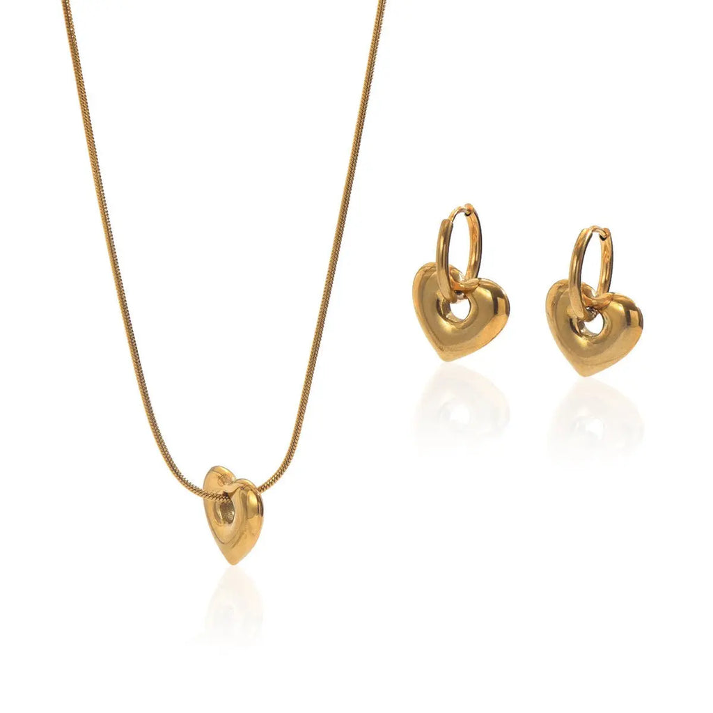 Lxalry 18K Gold Plated Stainless Steel Heart Pendant Necklace And Hoop Earrings Set For Women Mohamed jewelry My Store