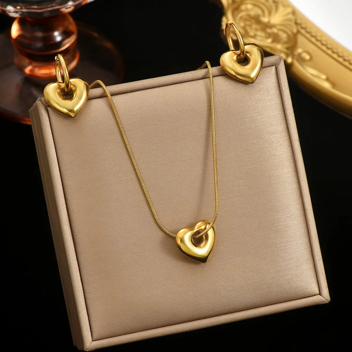 Lxalry 18K Gold Plated Stainless Steel Heart Pendant Necklace And Hoop Earrings Set For Women Mohamed jewelry My Store