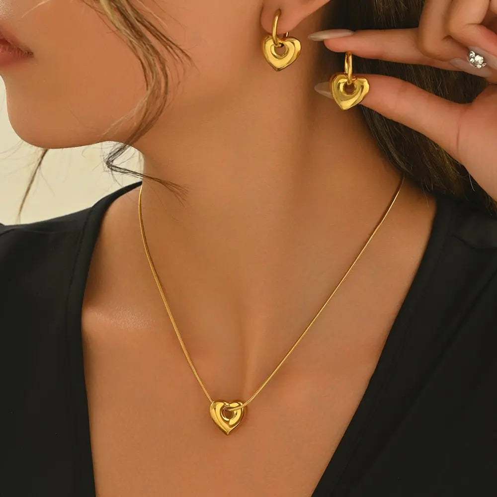 Lxalry 18K Gold Plated Stainless Steel Heart Pendant Necklace And Hoop Earrings Set For Women Mohamed jewelry My Store