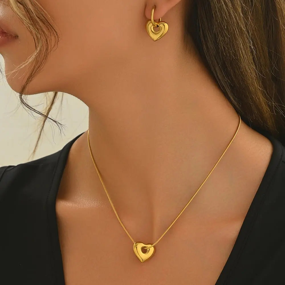 Lxalry 18K Gold Plated Stainless Steel Heart Pendant Necklace And Hoop Earrings Set For Women Mohamed jewelry My Store