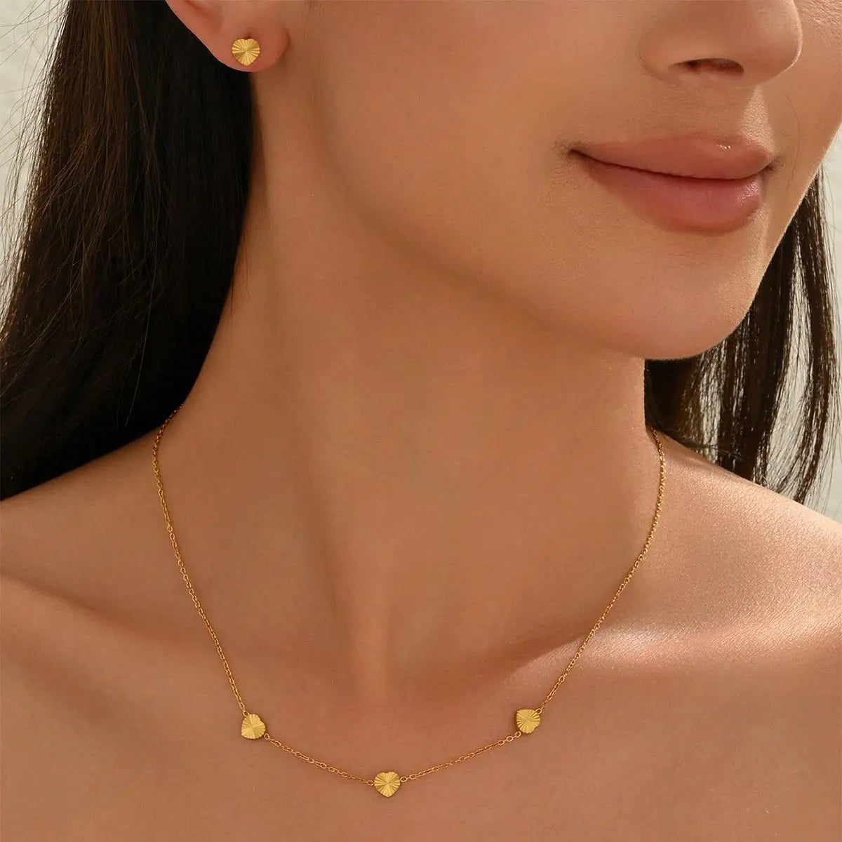 Lxalry 18K Gold Plated Stainless Steel Minimalist Heart Necklace & Earring Set For Women Mohamed jewelry My Store