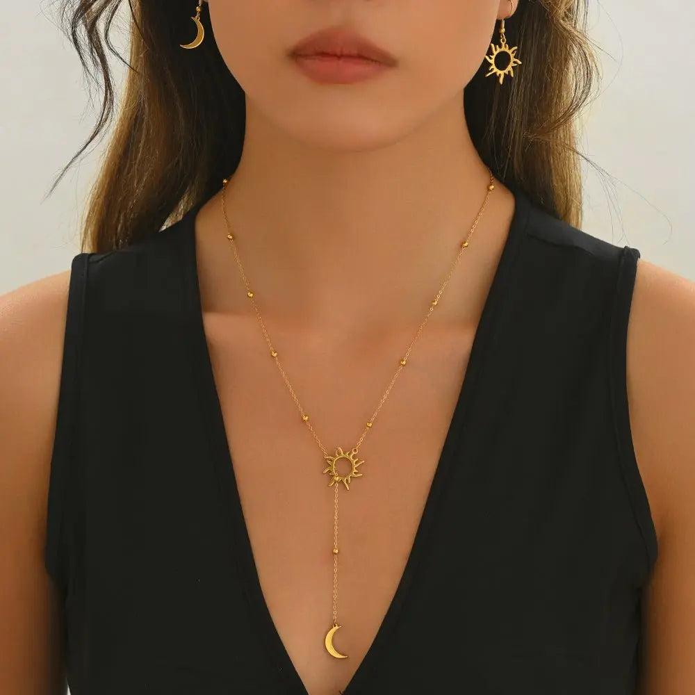 Lxalry 18K Gold Plated Stainless Steel Sun And Moon Pendant Necklace And Hoop Earrings Set For Women Mohamed jewelry My Store