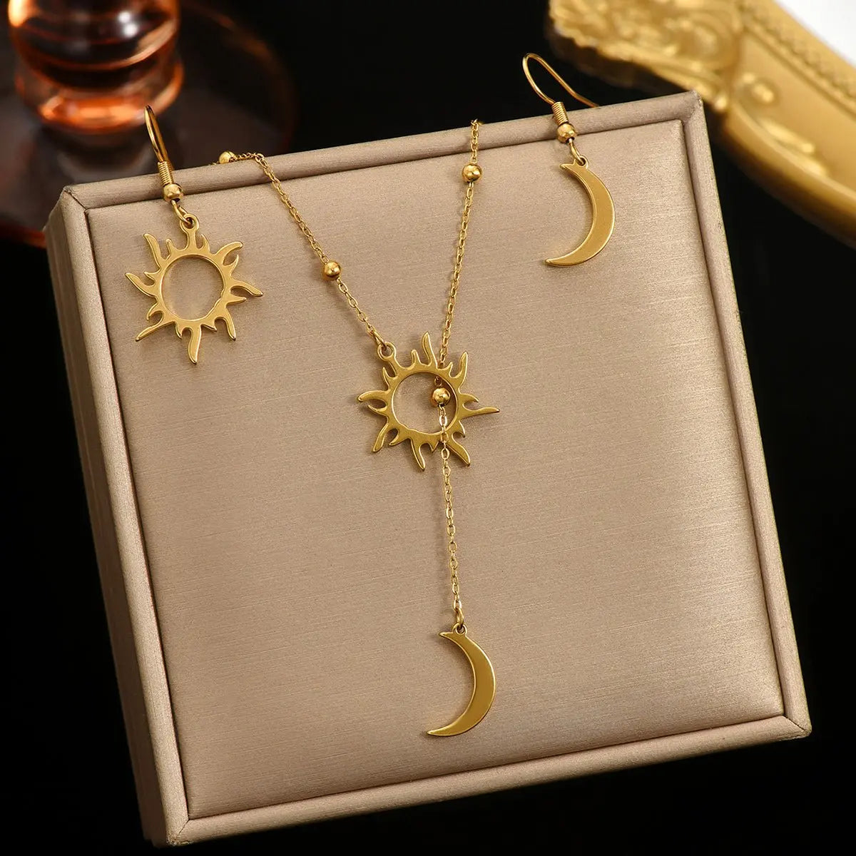 Lxalry 18K Gold Plated Stainless Steel Sun And Moon Pendant Necklace And Hoop Earrings Set For Women Mohamed jewelry My Store
