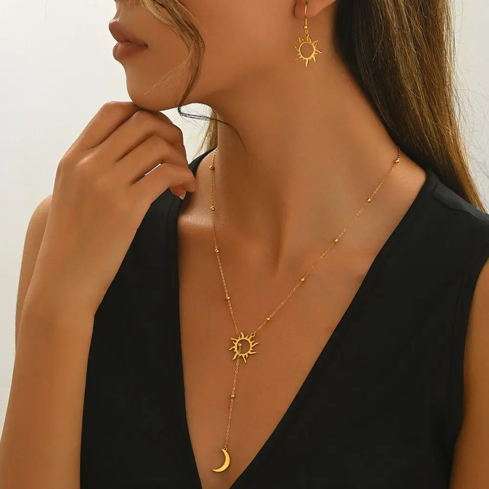Lxalry 18K Gold Plated Stainless Steel Sun And Moon Pendant Necklace And Hoop Earrings Set For Women Mohamed jewelry My Store