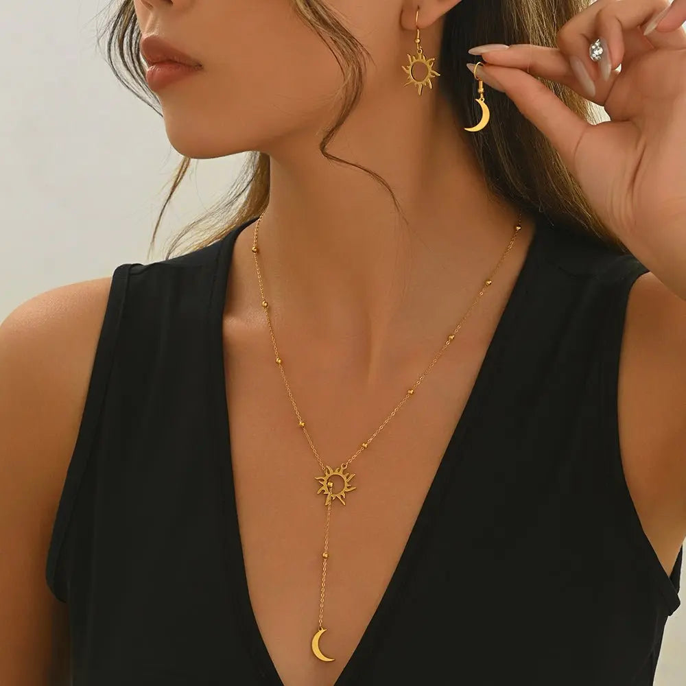 Lxalry 18K Gold Plated Stainless Steel Sun And Moon Pendant Necklace And Hoop Earrings Set For Women Mohamed jewelry My Store