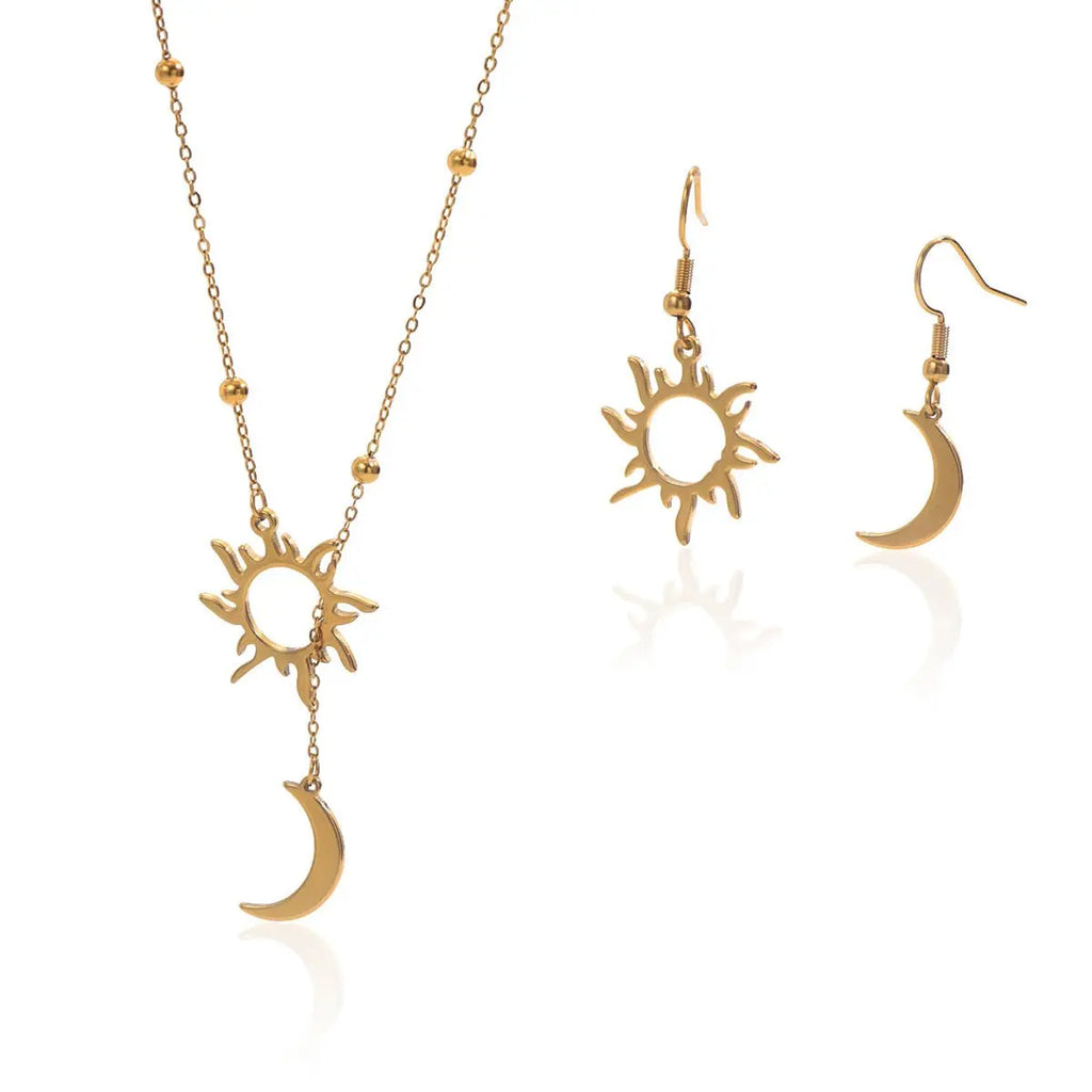 Lxalry 18K Gold Plated Stainless Steel Sun And Moon Pendant Necklace And Hoop Earrings Set For Women Mohamed jewelry My Store
