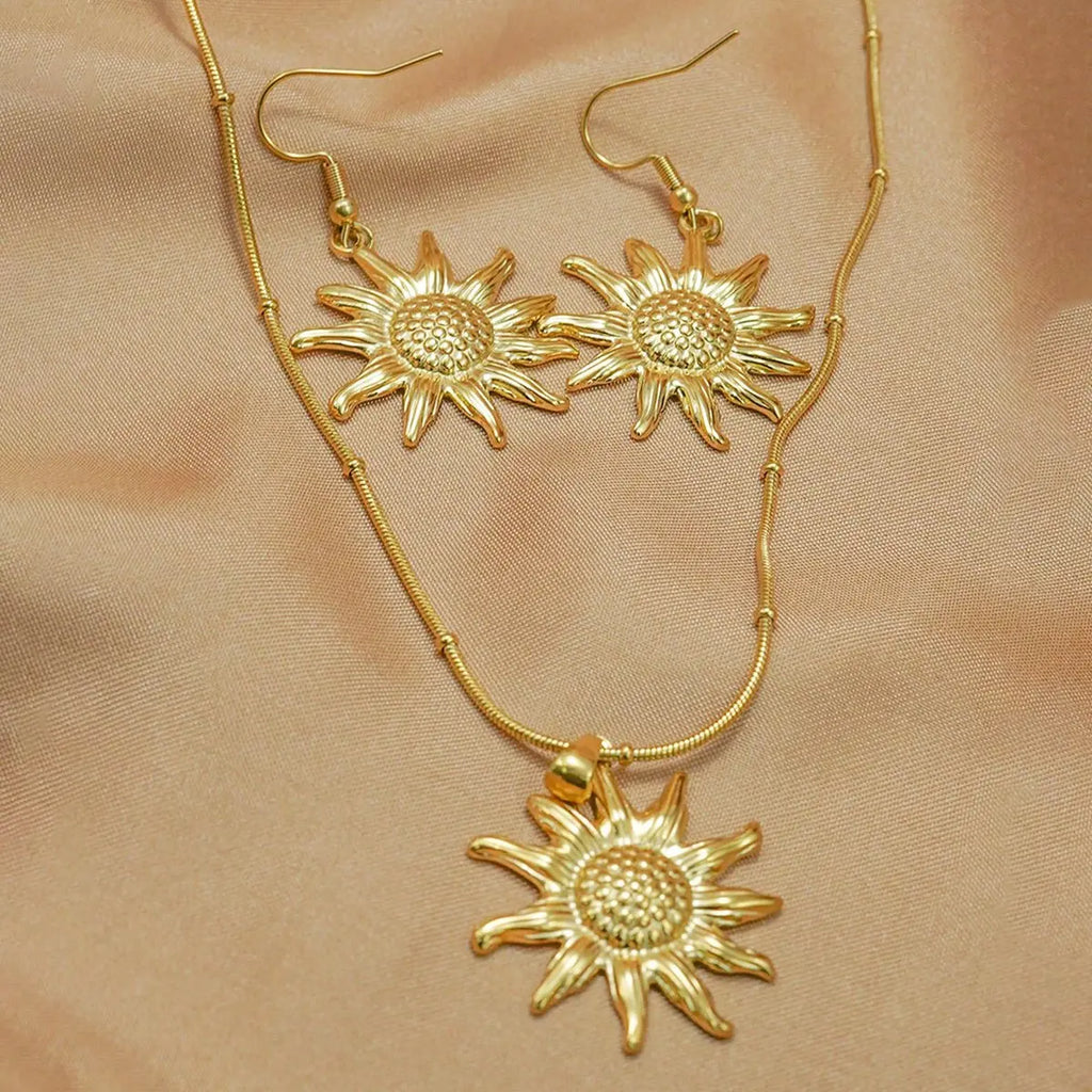 Lxalry 18K Gold Plated Stainless Steel Sun Pendant Necklace And Earrings Set For Women Mohamed jewelry My Store