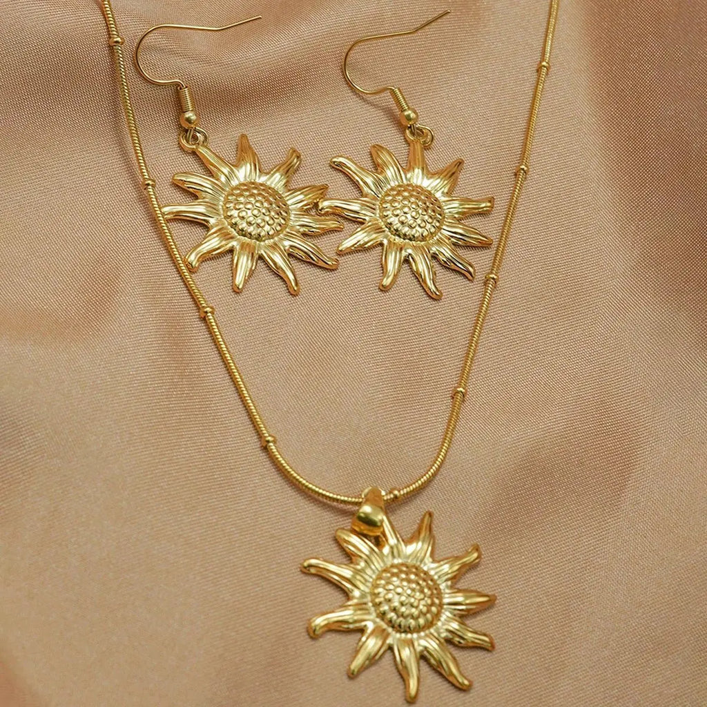 Lxalry 18K Gold Plated Stainless Steel Sun Pendant Necklace And Earrings Set For Women Mohamed jewelry My Store