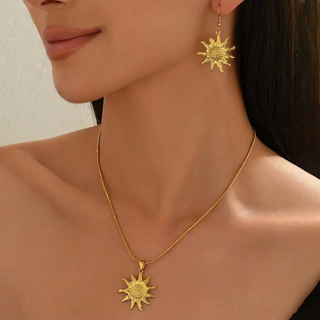 Lxalry 18K Gold Plated Stainless Steel Sun Pendant Necklace And Earrings Set For Women Mohamed jewelry My Store