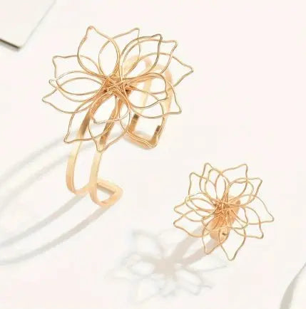Lxalry Fashion Women's Jewelry Set, Elegant Geometric Lattice Flower Ring, Double-Layer Smooth Open Adjustable Bracelet With Inlaid Lattice Line Flower Bracelet Mohamed jewelry My Store