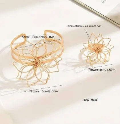 Lxalry Fashion Women's Jewelry Set, Elegant Geometric Lattice Flower Ring, Double-Layer Smooth Open Adjustable Bracelet With Inlaid Lattice Line Flower Bracelet Mohamed jewelry My Store