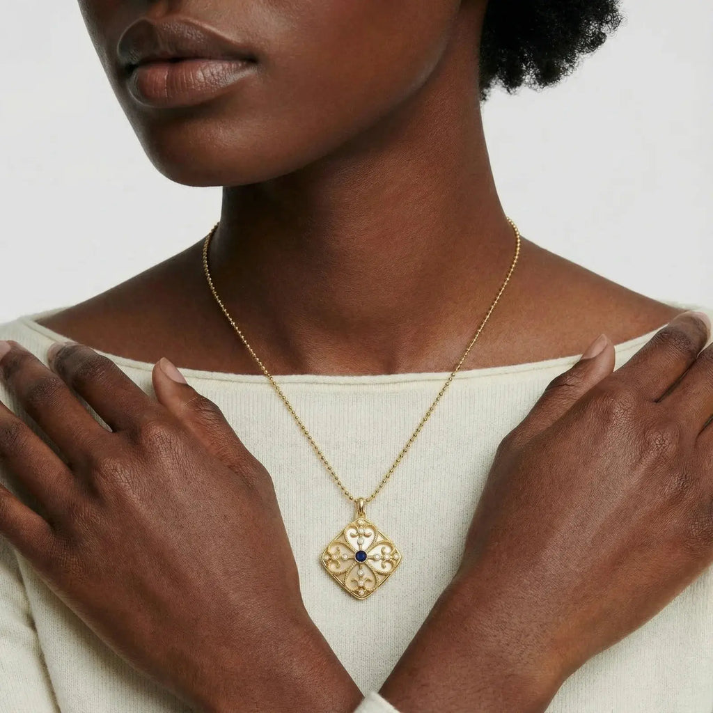 Ornate Lapis Lazuli Medallion Pendant in 18K Gold-Plated Brass Mohamed jewelry My Store