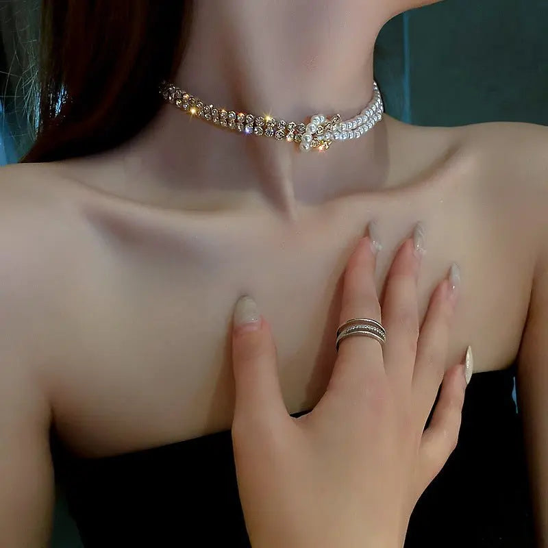 Pearl Crystal Choker Necklaces For Women Short Chain Rhinestone Necklaces Statement Jewelry Mohamed jewelry My Store