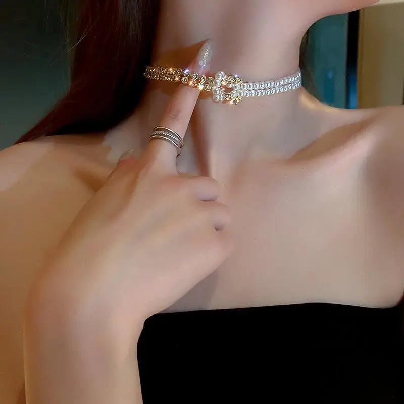 Pearl Crystal Choker Necklaces For Women Short Chain Rhinestone Necklaces Statement Jewelry Mohamed jewelry My Store