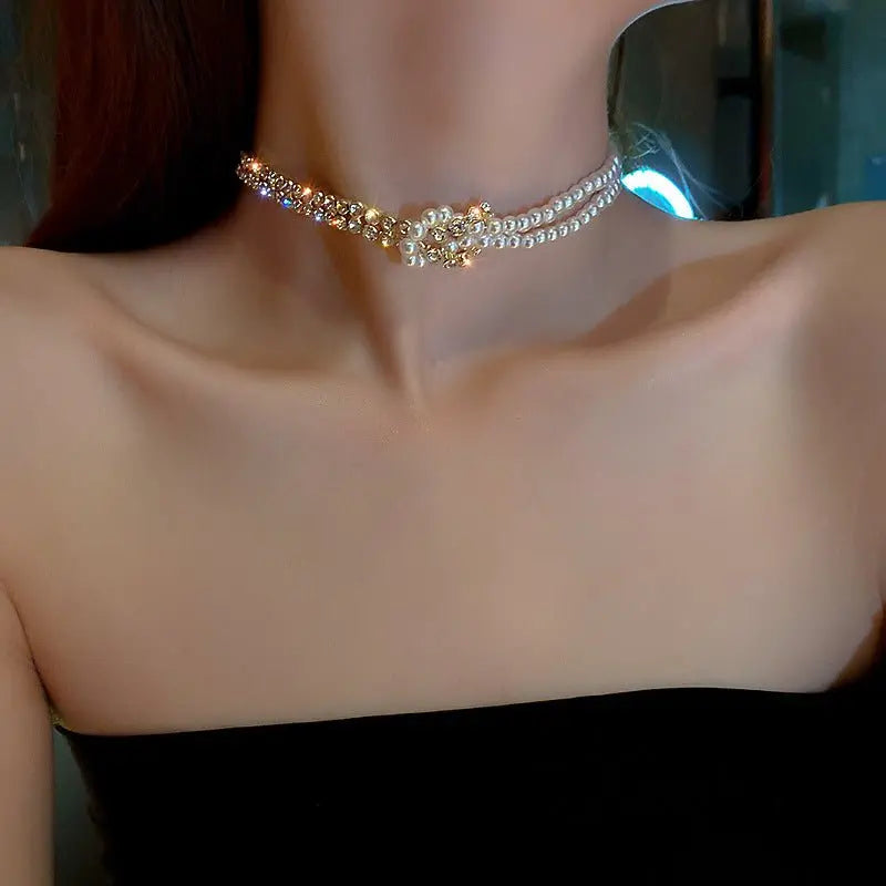Pearl Crystal Choker Necklaces For Women Short Chain Rhinestone Necklaces Statement Jewelry Mohamed jewelry My Store