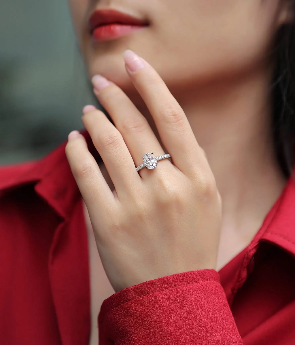 Platinum-Plated Moissanite Oval Engagement Ring