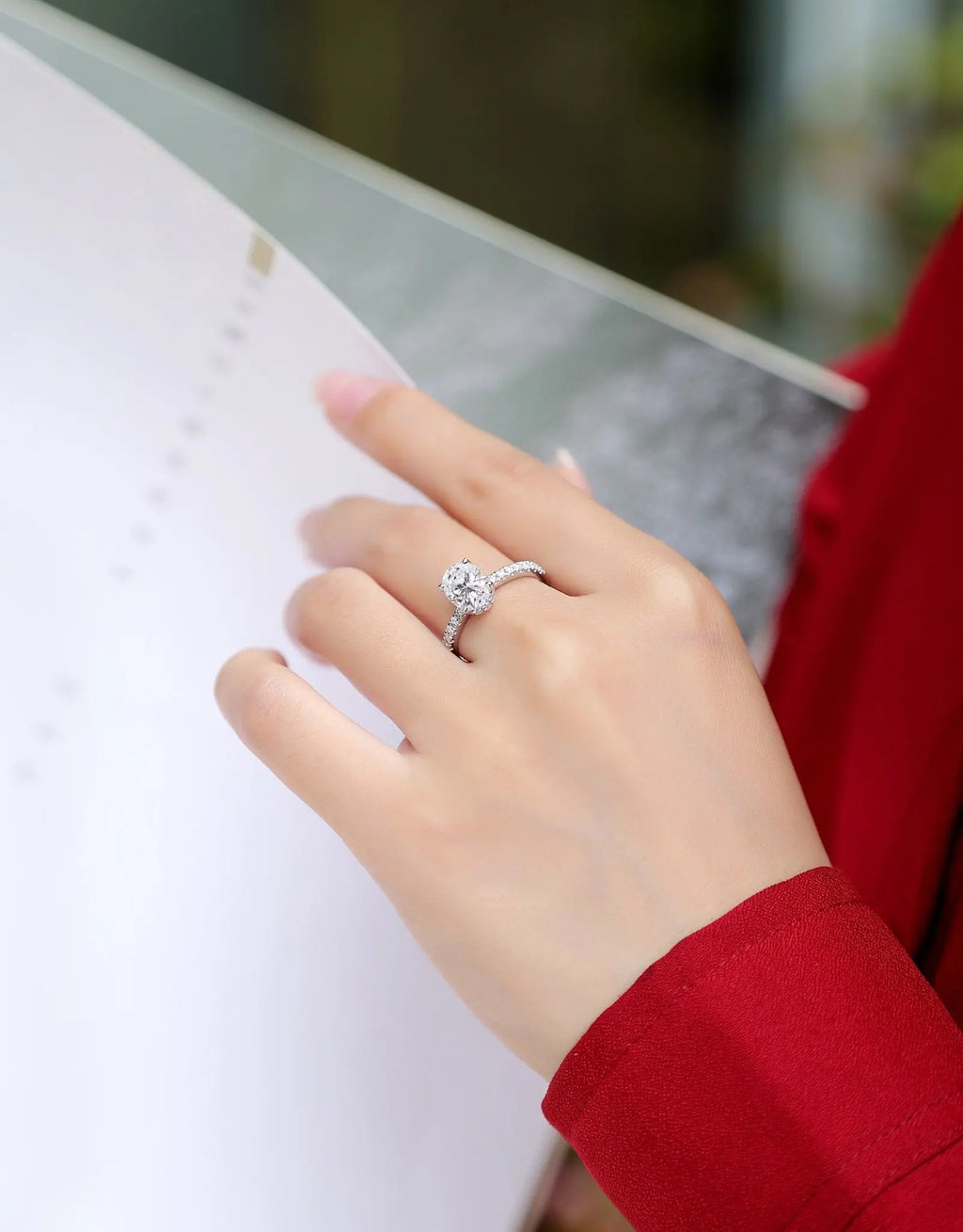 Platinum-Plated Moissanite Oval Engagement Ring