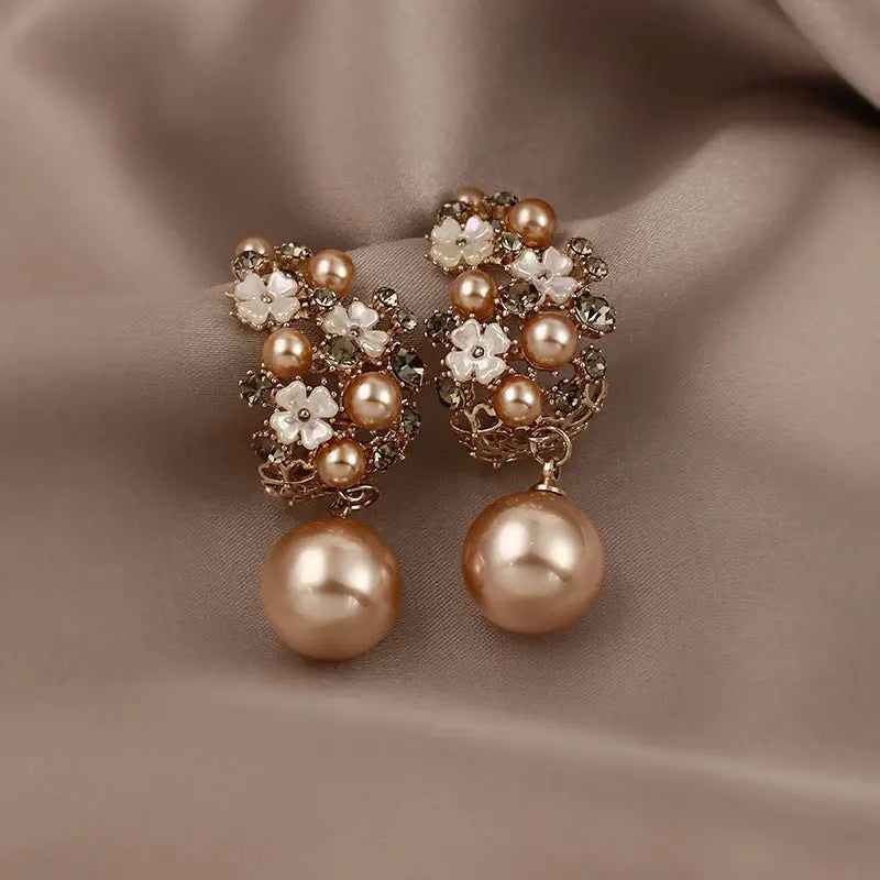 Rhinestones Flowers Pearls Earrings Fashion Elegant French-style Stud Earring For Women Mohamed jewelry My Store